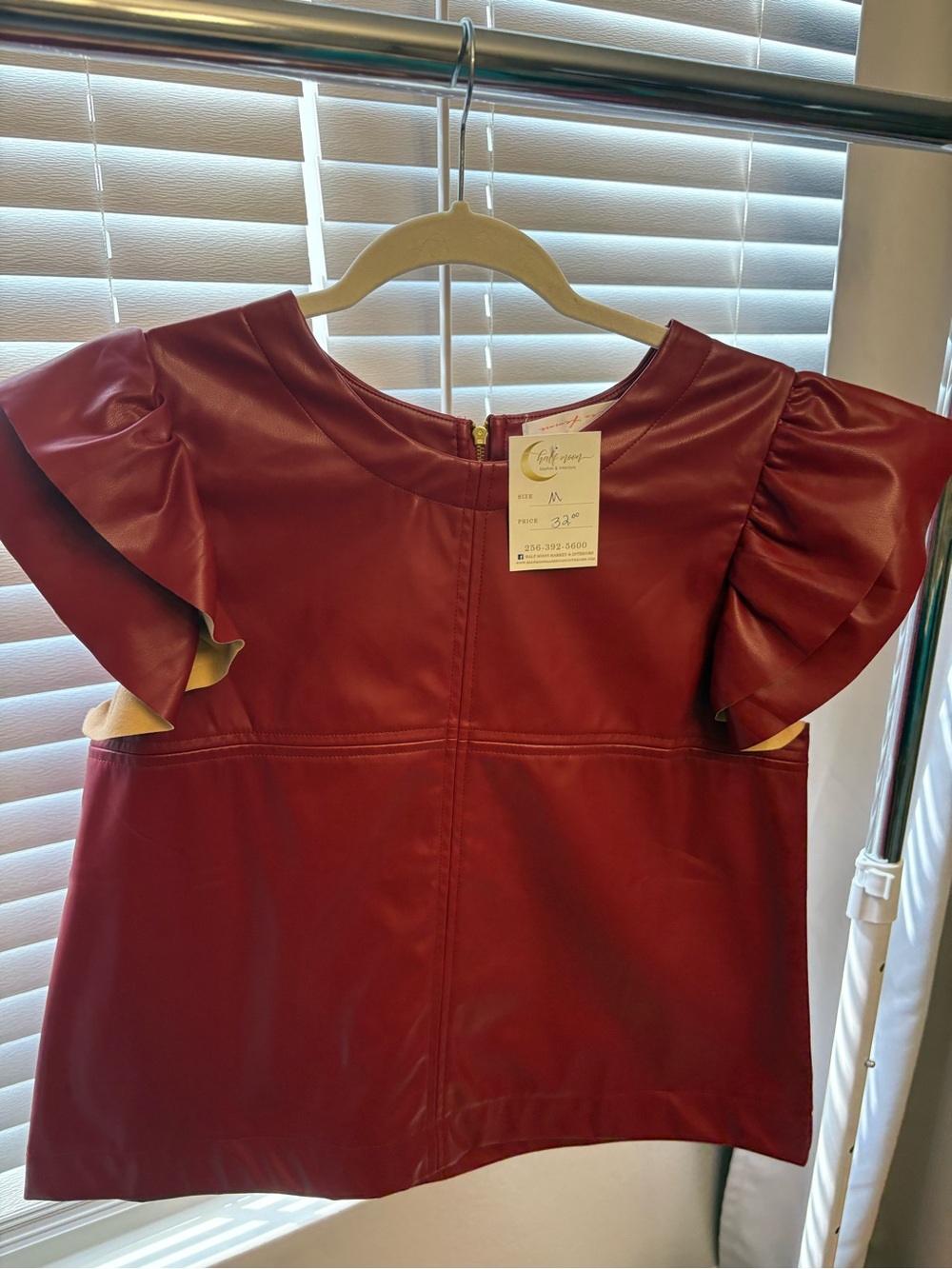 Ces Femme Burgundy Faux Leather Ruffle-Sleeve Top
